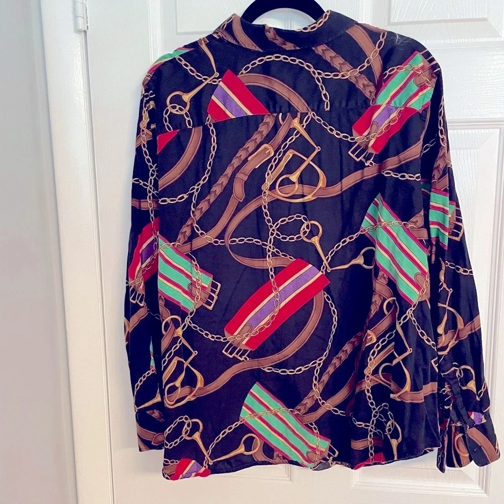 Vintage authentic Ralph Lauren Multicolor Chain Print blouse Top size 2 XL - Picture 2 of 7